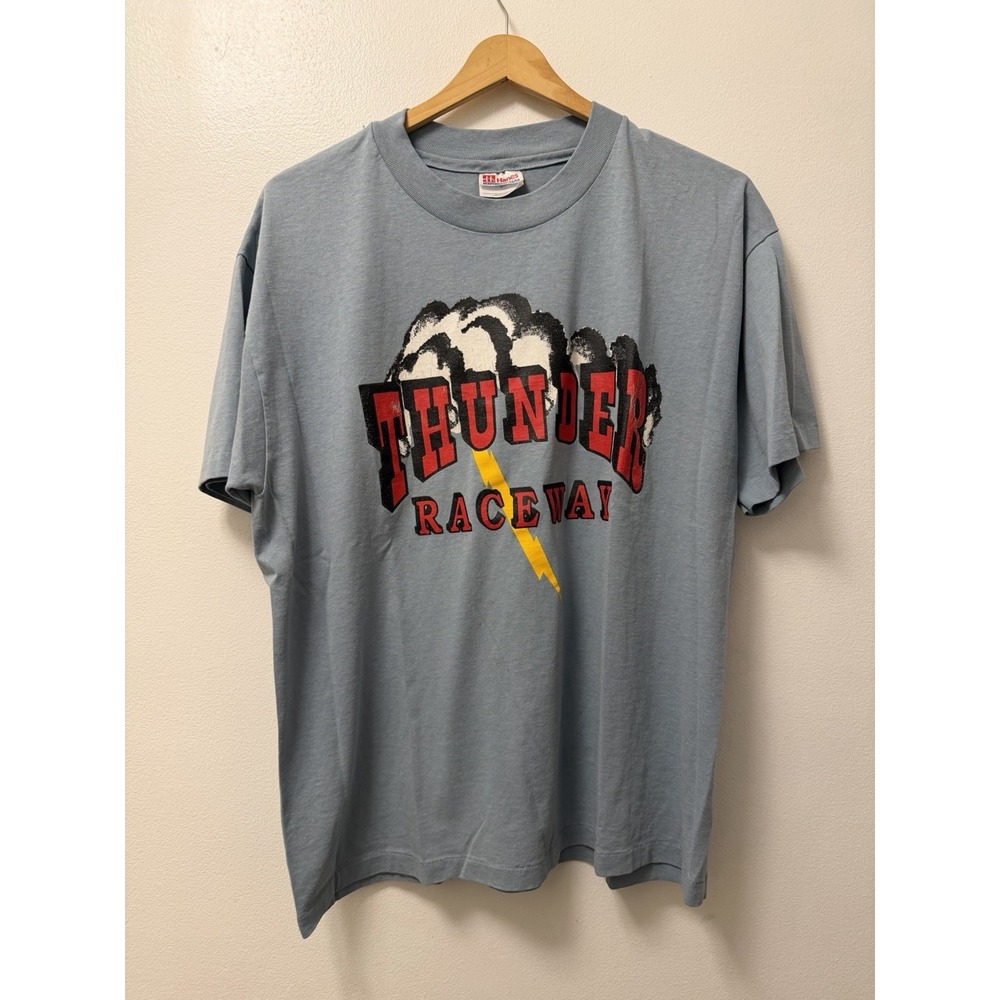 Vintage 80s Thunder Raceway Blue T-Shirt Men's Large Single Stitch Made In USA